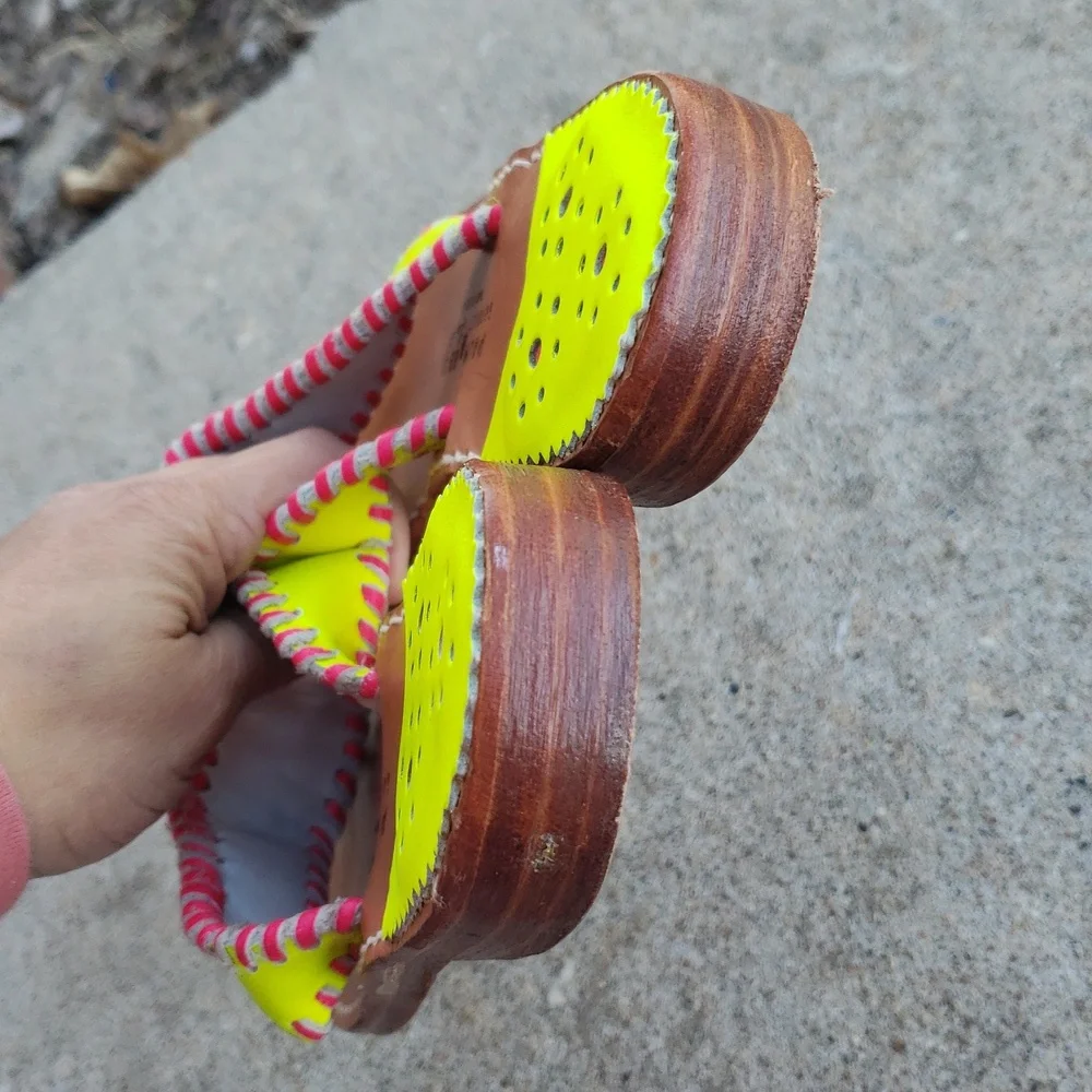 Palm Beach Handmade Leather Neon Green Pink Sandals Size 8 Beachy Tropical USA - Picture 15 of 16